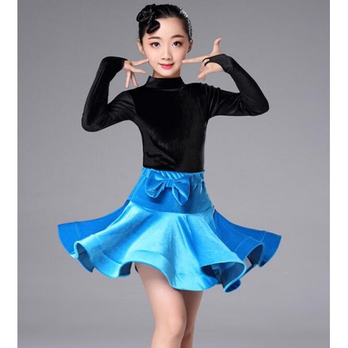 Velvet long sleeves girls latin dance dresses children kids stage performance competition gymnastics ballroom dance dresses